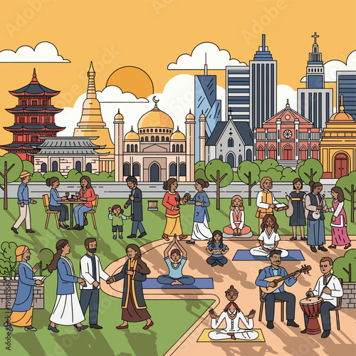 Diverse group of people from various cultures and religions gathered peacefully in a park with iconic religious buildings in the background.