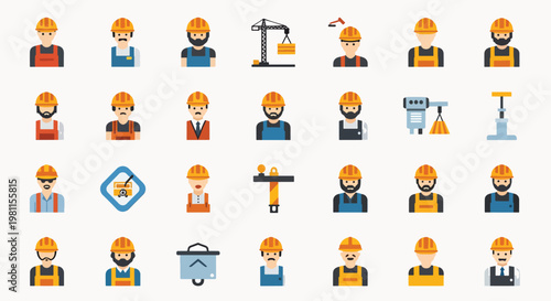 Set of construction worker icons with helmets and workwear diverse male and female characters with tools and equipment