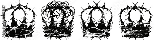 Barbed wire crowns set sharp silhouettes with spikes, thorns and loops abstract thorny symbols in black isolated on white background