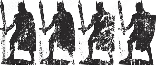 Vintage warrior silhouette set four medieval soldiers holding swords and shields in various stances