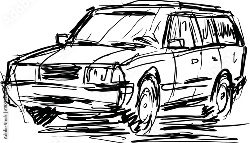 Rough sketch of a classic station wagon car with detailed front and side views