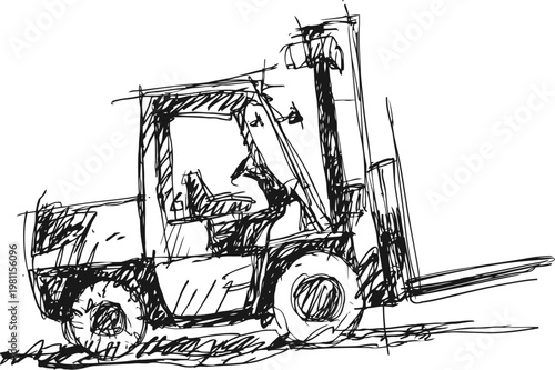 forklift truck hand drawn sketch industrial equipment for lifting pallets and heavy loads in warehouse or factory setting