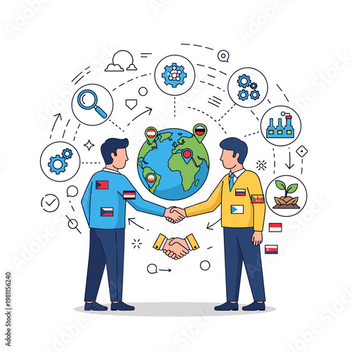 Two businessmen shaking hands in front of a globe, symbolizing international cooperation and global business partnerships with surrounding icons representing industry, technology, and growth.