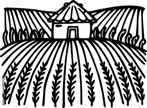 Farmhouse surrounded by cultivated fields with rows of crops rustic landscape with rural agriculture scene