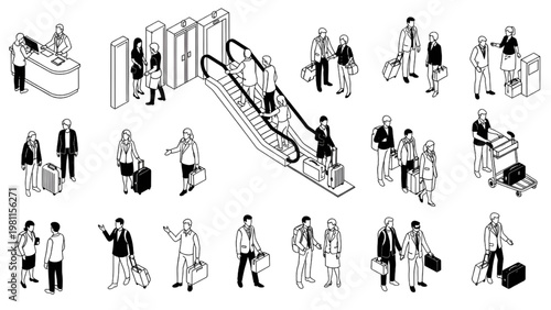 Isometric Airport Passengers Architectural Blueprint Human Activity Action Silhouette Vector Set, Clean Minimal Illustration on White Background