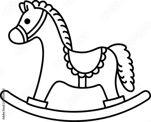 Black and white outline of a traditional rocking horse toy with decorative saddle and mane