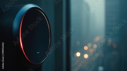 A sleek, modern smart speaker with a glowing red ring sits near a window overlooking a blurred urban nighttime scene with bokeh lights, PM2.5 pollution effects