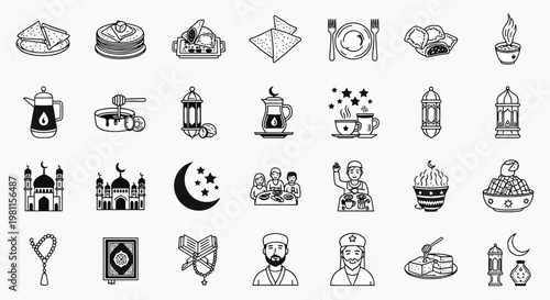 Ramadan Icons Collection Traditional Islamic Symbols Food And Drinks Mosques And Lanterns For Iftar And Suhoor Meals