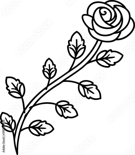 simple black outlined rose flower with leaves on curved stem illustration