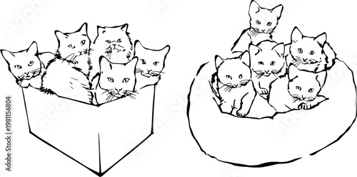 Dynamic cat group line art. Active kittens exploring, climbing, and huddled, an energetic vector sketch for pet illustrations.