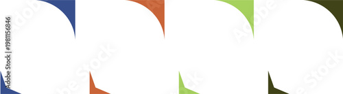 A minimalist graphic design featuring four white vertical frames each highlighted by a colored rounded corner accent in blue orange lime and olive.