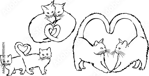 Cat hearts line art. Romantic feline pairs and groups making heart shapes with tails, a vector vector love illustration.