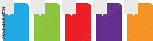 A modern vector graphic set consisting of five vertical rectangular frames in bright colors each accented with a light grey speech Rectangle This design is highly functional for creating organized 