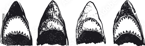 Row of four vintage black and white shark head silhouettes with open jaws and sharp teeth