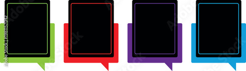 A collection of four square frames each layered over a colored speech shape in green red purple and blue. This versatile vector design is suitable for highlighted text call-to-action chat box buttons 