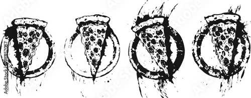 Grunge pizza slice on plate with messy sauce splatters isolated on white background