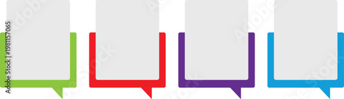 A set of four vertical rectangular message frames arranged in a row each featuring a light grey speech at the bottom. This clean modern vector graphic is perfect for UI design informational lists 