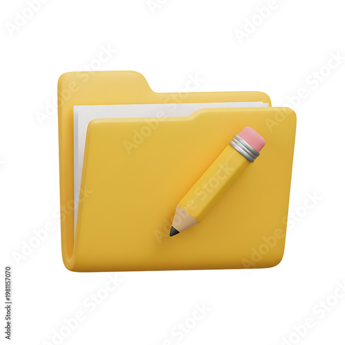 Yellow folder icon with paper and pencil, office supplies, business document organization, transparent background.