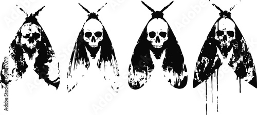 Grunge skull moths illustration set with textured distressed wings and eerie gothic design