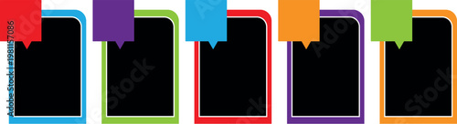 A set of five vertical rectangular frames featuring distinct colored speech bubble accents at the top of each. The composition is clean and modular making it ideal for infographic designs project plan