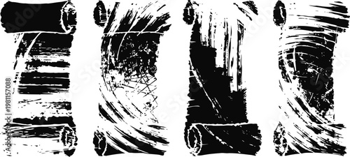 Abstract black ink brush strokes on white background with rough textured edges, artistic grunge paint design