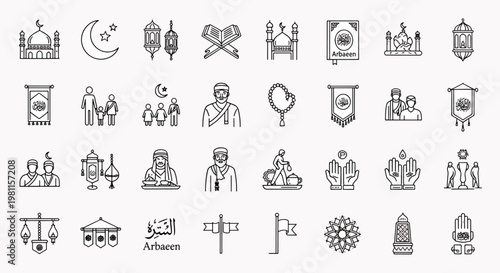 Islamic Arbaeen religious icons set, mosque, crescent moon, lanterns, Quran book, prayer beads, banners, family, and people