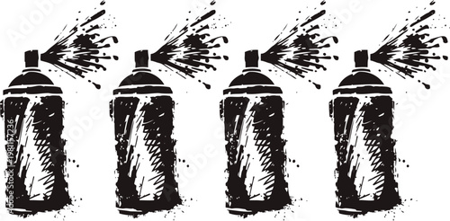 Spray paint cans set with caps off releasing spray urban street art tools for graffiti and painting creative expression