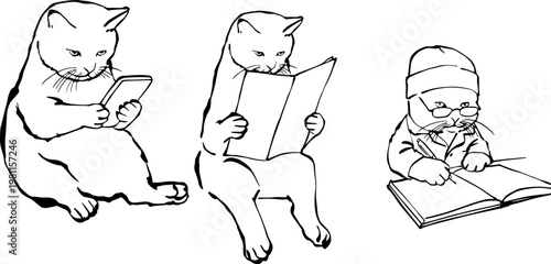 Minimalist vector sketches of cats reading a book, using a tablet, and writing in a journal.