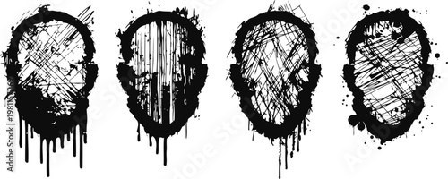 Abstract black ink faces set with dripping paint and expressive brush stroke textures on white background