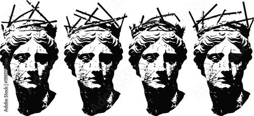 ancient stone sculpture of a crowned face repeated four times in black and white artistic design