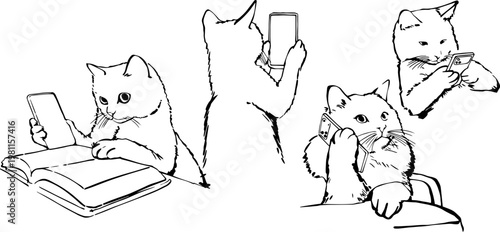 Funny Cats using Smartphones and Mobile Devices Vector Set