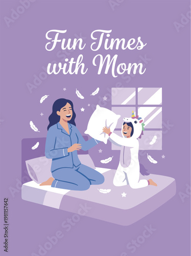Mother and daughter having fun together playing pillow fight on bed illustration for mother's day