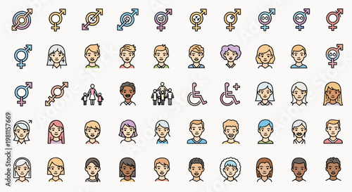 Diverse set of gender symbols and people icons representing diversity inclusion and human connection