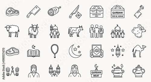 Eid al Adha Qurbani icons set Islamic sacrifice animals meat distribution charity religious holiday symbols