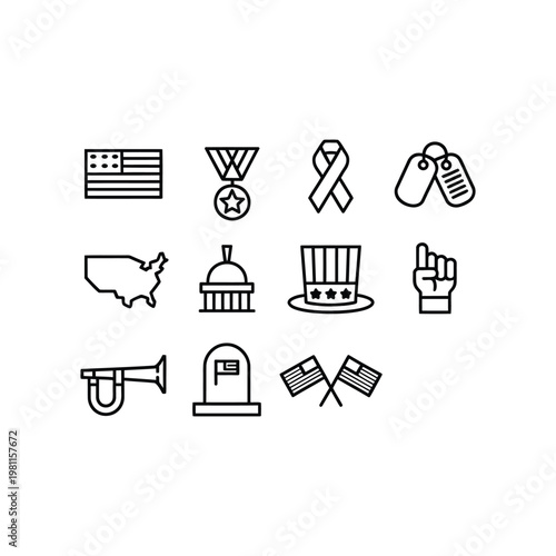 United states patriotic thin line icons set with american flag medal gravestone and federal building silhouettes vector collection.