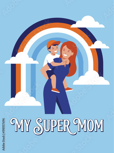 My super mom with son on her back, playful piggyback ride under rainbow and clouds