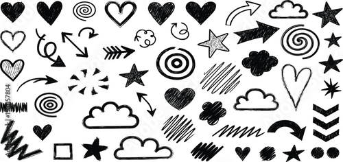Hand Drawn Doodle Elements Set with Hearts, Arrows, Stars, Clouds, and Abstract Scribbles for Creative Design, Infographics, and Decorative Backgrounds