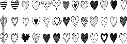 Hand Drawn Heart Icon Set with Black and White Doodle Styles, Romantic Love Symbols, and Decorative Sketch Elements for Valentine Designs