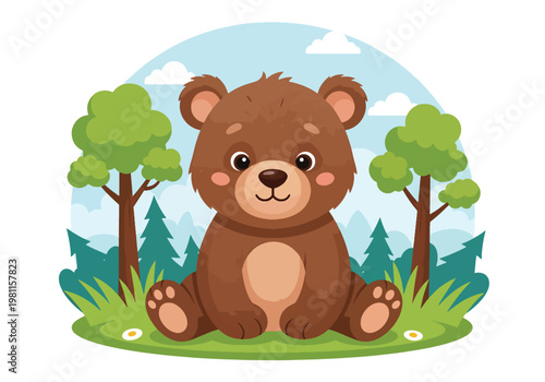 Flat style illustration of cute baby bear sitting in forest clearing with trees and soft sky, perfect for nursery design, kids products, and adorable wildlife themes