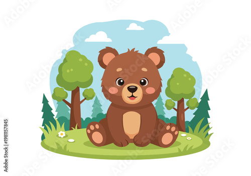 Flat style illustration of cute baby bear sitting in forest clearing with trees and soft sky, perfect for nursery design, kids products, and adorable wildlife themes