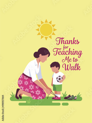 Mother teaching son to tie shoes for soccer, thanks for teaching me to walk concept.