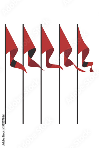 Set of five medieval red pennant flags with poles, each in a different waving position on transparent background.