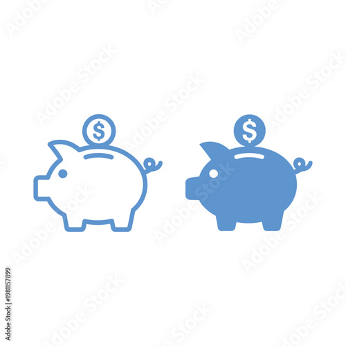 Piggy bank with dollar coin icon set in outline and solid blue styles on transparent background, financial concept.