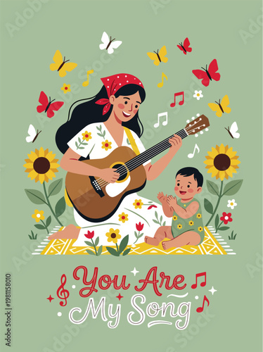 Mother playing guitar and singing to her happy baby in a field of sunflowers