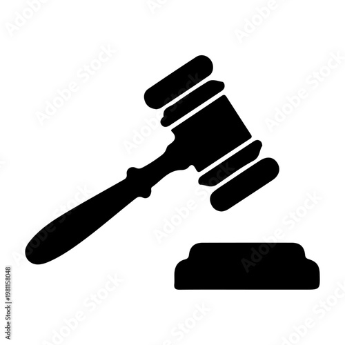 Black gavel silhouette icon isolated on white background. Law, justice and court vector symbol with sound block.