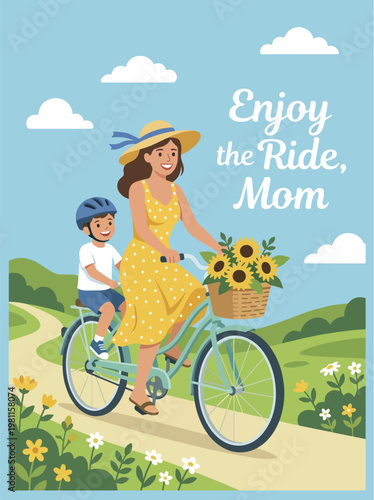 Mother and son riding bicycle with basket of sunflowers on scenic country road