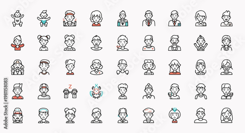 Diverse collection of simple flat line art icons representing people of various ages and professions, with vibrant color accents