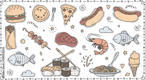 Hand drawn delicious fast food meals and international cuisine snacks collection with various restaurant menu elements vector illustration doodle art and icon set