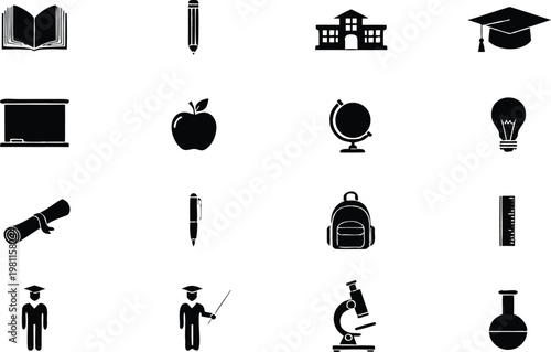 Silhouette Education School Icons Set 16 Icons Grid
