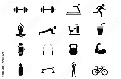 Silhouette Fitness Gym Icons Set 16 Icons Grid